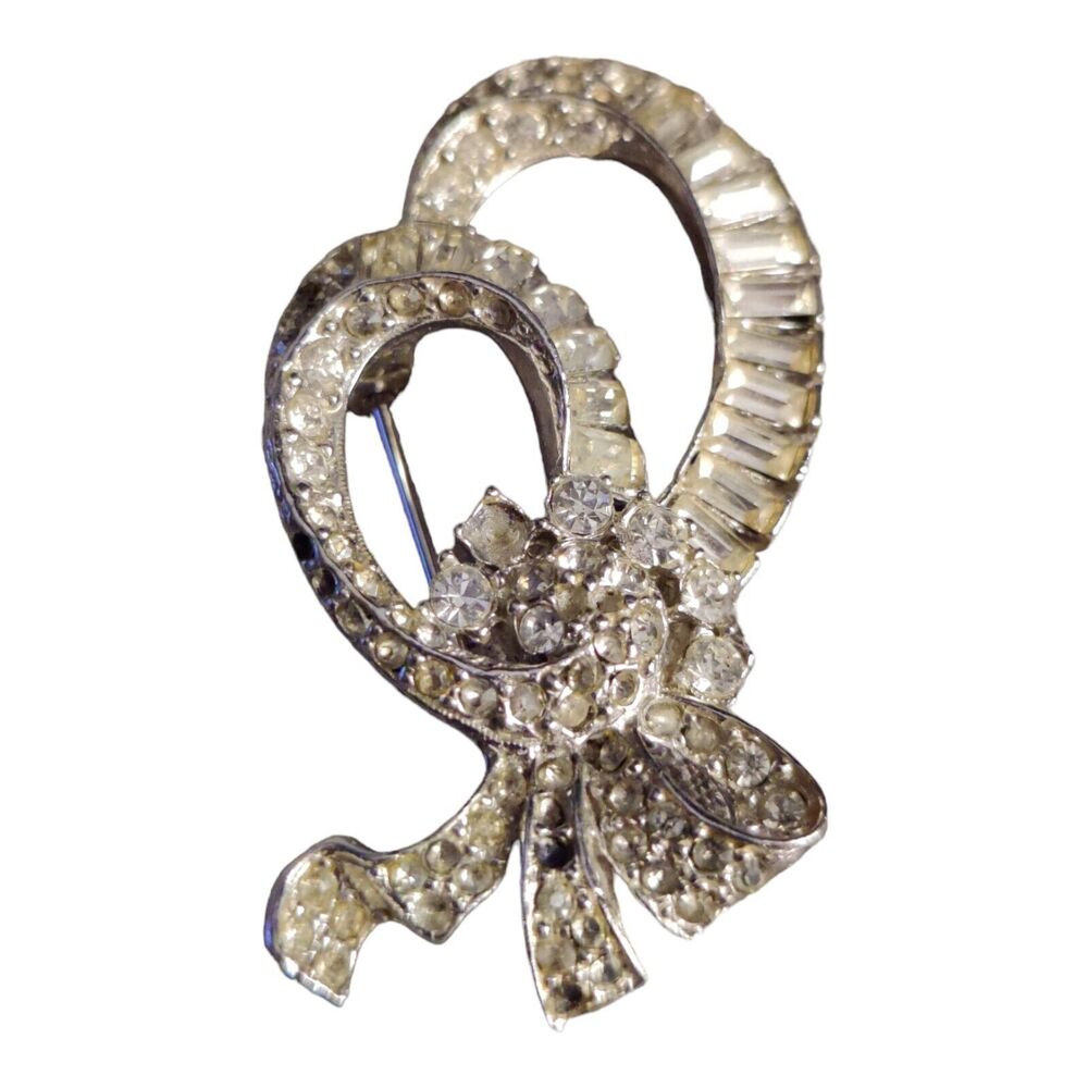 Vintage 1990s Silver Tone Rhinestone Ribbon Bouquet Costume Brooch Pin Jewelry